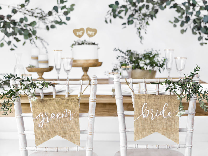 2 Stuhlschilder Jute bride & groom